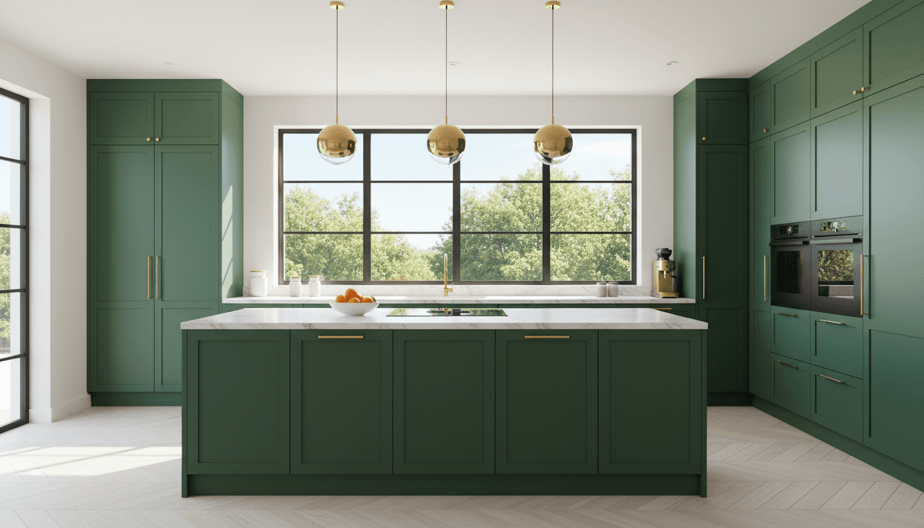 Modern wrapped kitchen cabinets in matte green with clean lines and natural light
