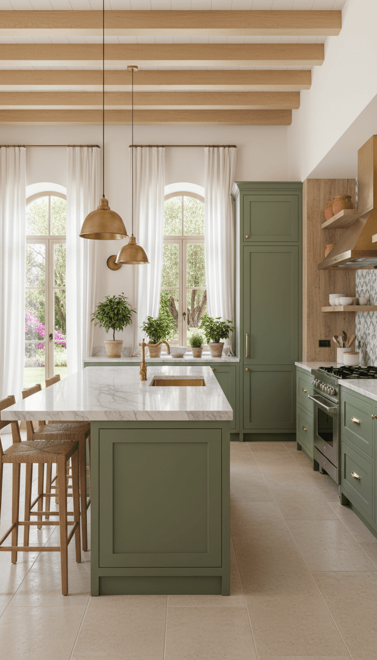 Modern Mediterranean kitchen with olive green wrapped cabinet fronts and brass handles