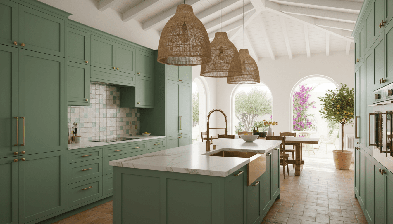 Modern Mediterranean kitchen with matte green cabinets in a bright villa interior