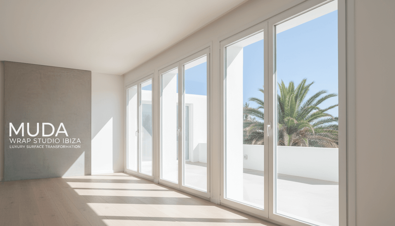 Window frames wrapped in soft white matte foil, precision edges and clean corners, bright natural light through glass