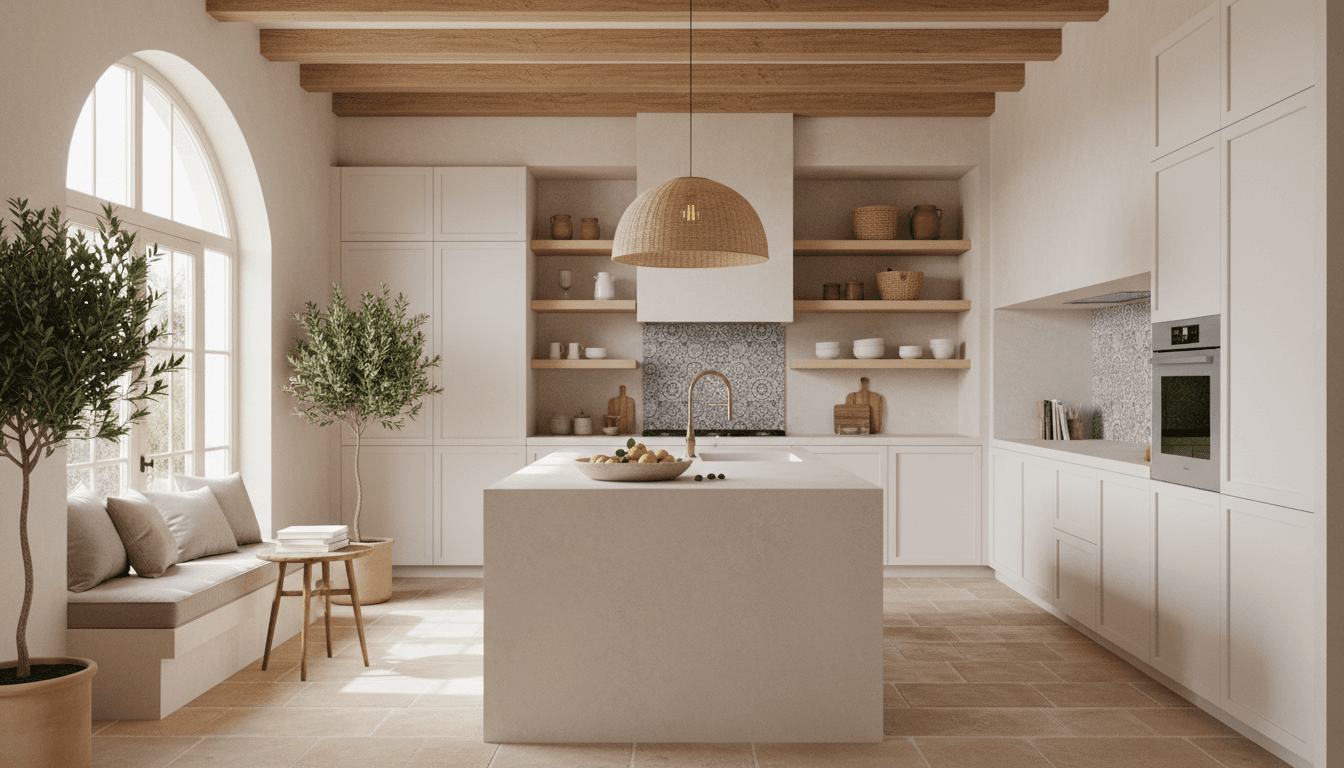 Modern Mediterranean kitchen with wrapped matte white cabinet fronts