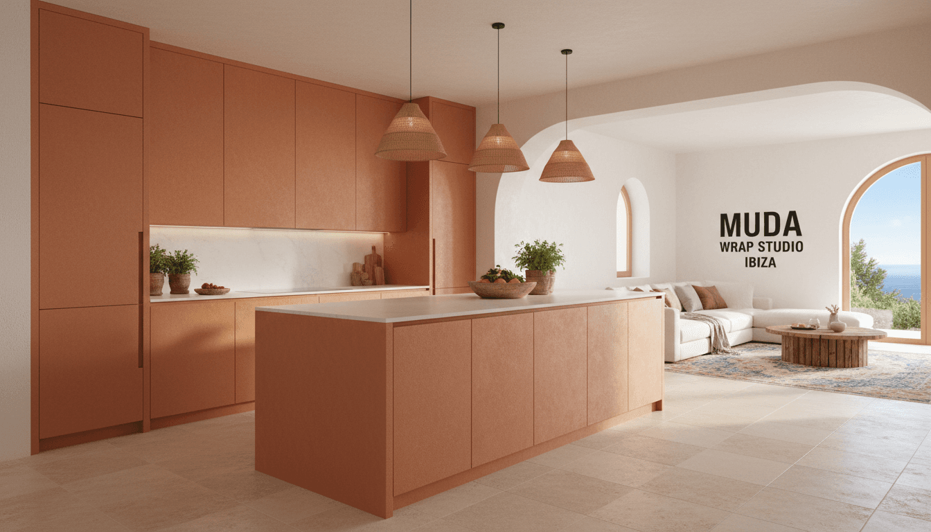 Kitchen island and surrounding cabinetry wrapped in warm terracotta foil, cohesive Mediterranean aesthetic, open-plan living space