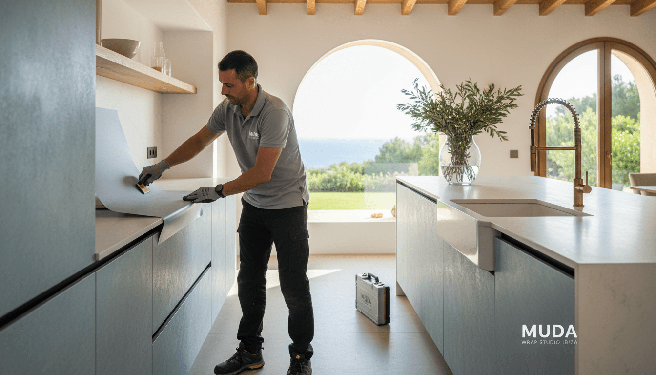 Craftsman wrapping a kitchen cabinet in a luxury Mediterranean villa