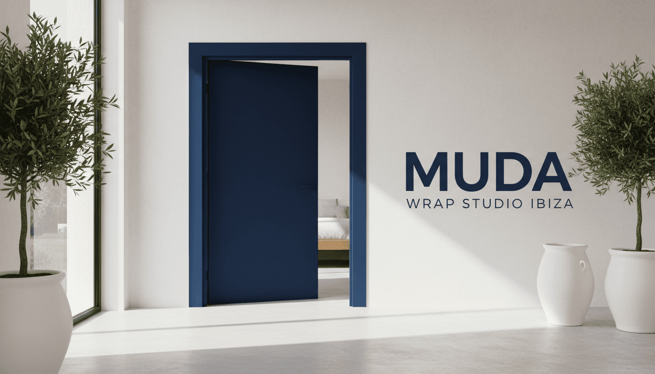 Interior door and frame wrapped in deep navy foil, precision corners and professional installation, villa hallway with natural light