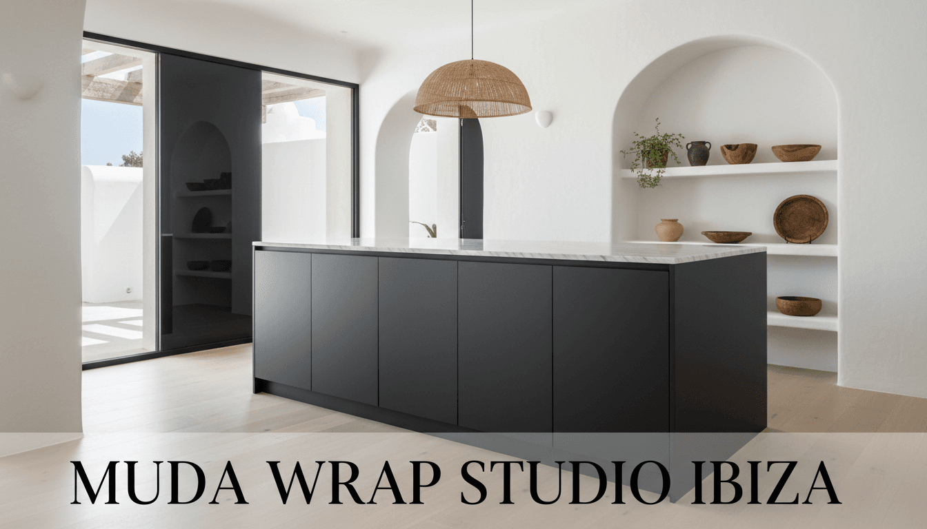 Modern kitchen island wrapped in matte charcoal foil, clean lines and minimalist aesthetic, Mediterranean villa interior
