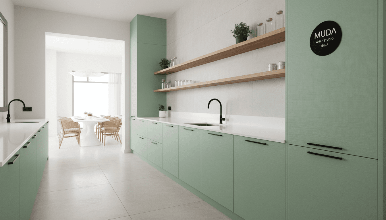 Kitchen cabinet fronts wrapped in soft sage green foil, contemporary finish with subtle texture, commercial restaurant space