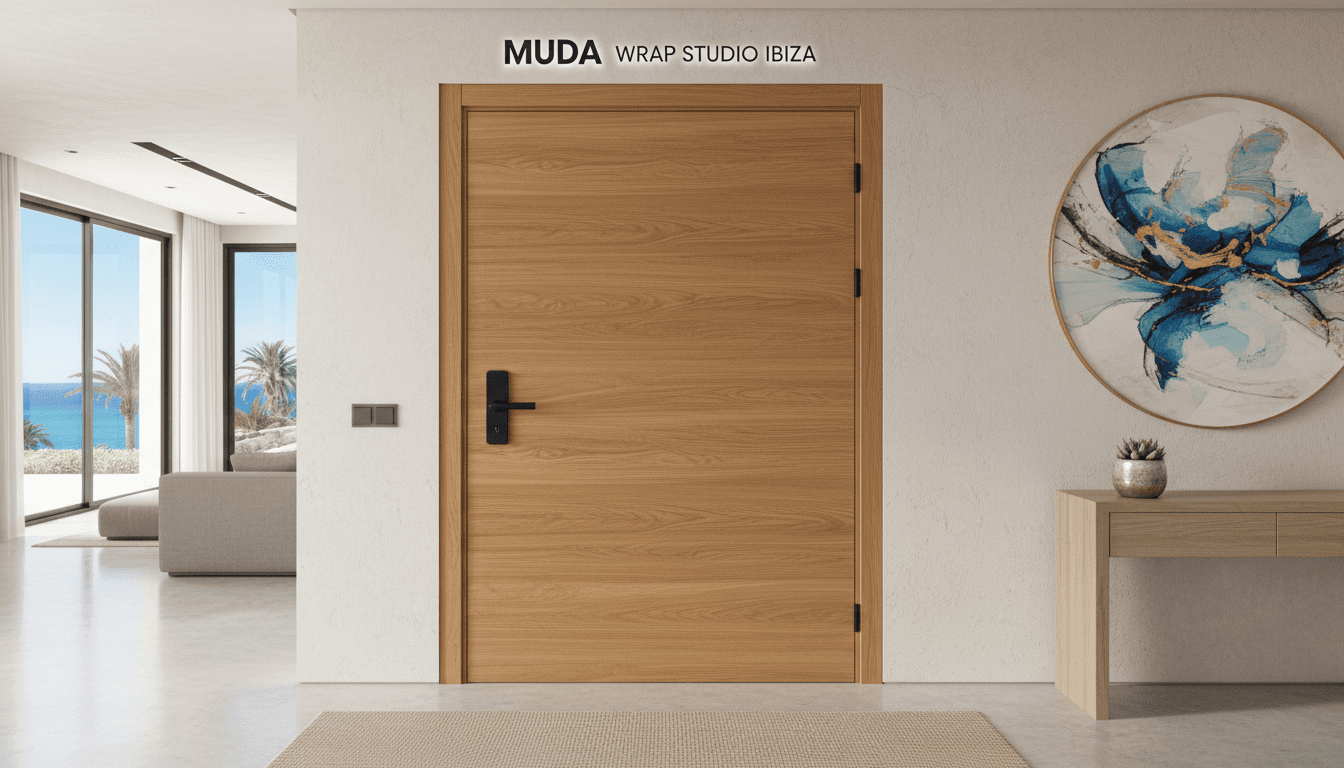 Interior wooden door wrapped in warm oak foil, seamless finish with refined grain detail, Ibiza apartment entrance