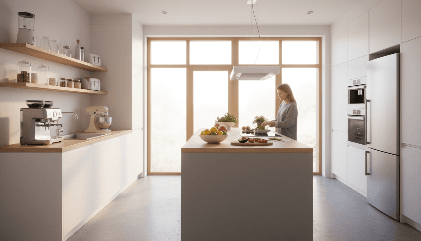 Modern kitchen with flat panel cabinets in warm natural light