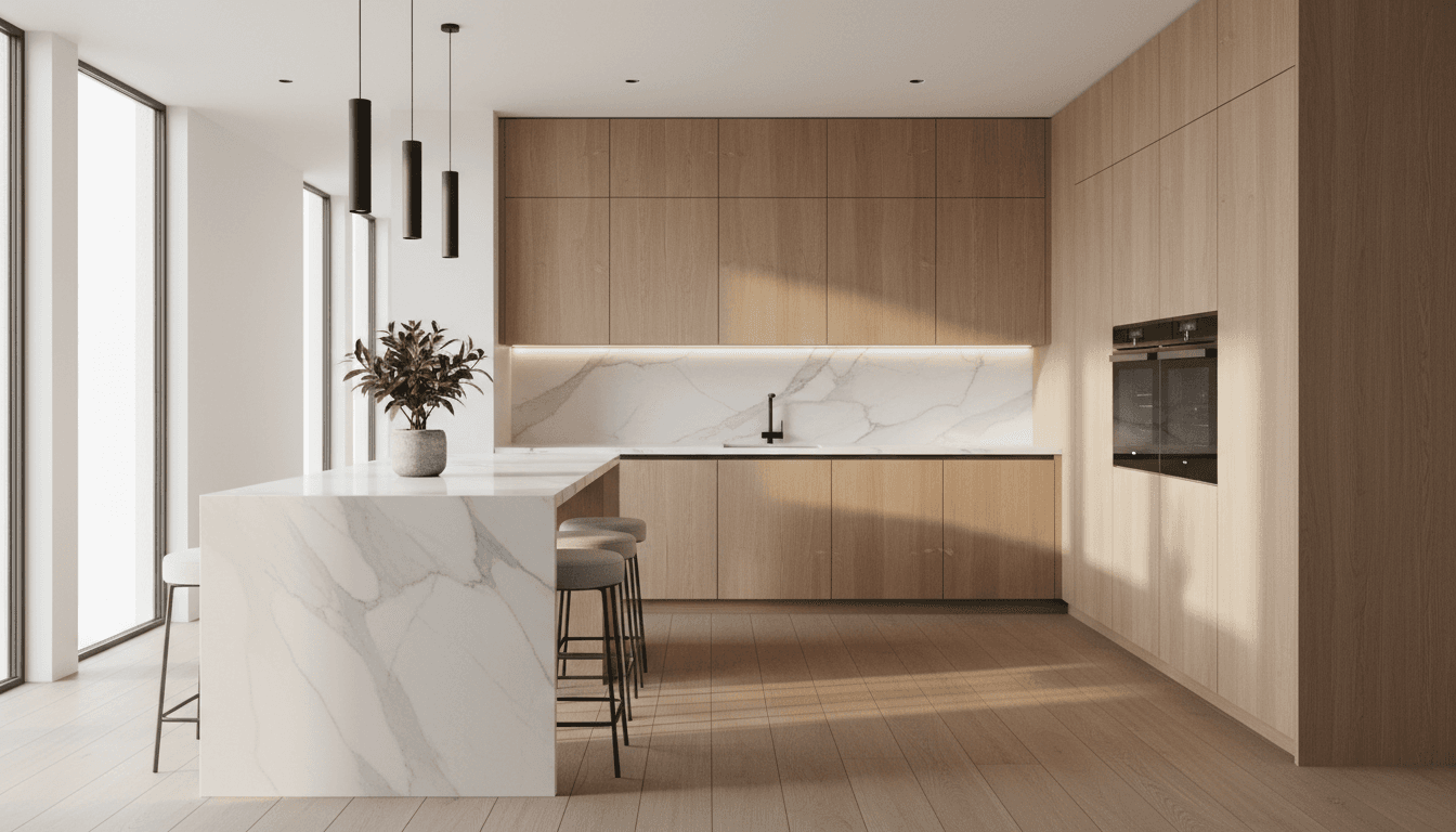 Modern kitchen with matte green wrapped cabinets and gold handles in a bright Mediterranean villa