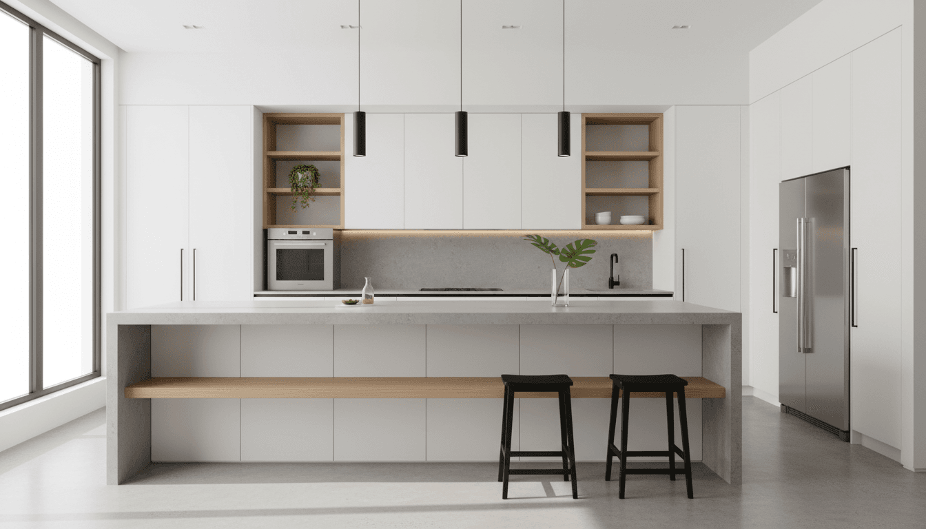 Modern Mediterranean kitchen with wrapped cabinets in warm wood finish