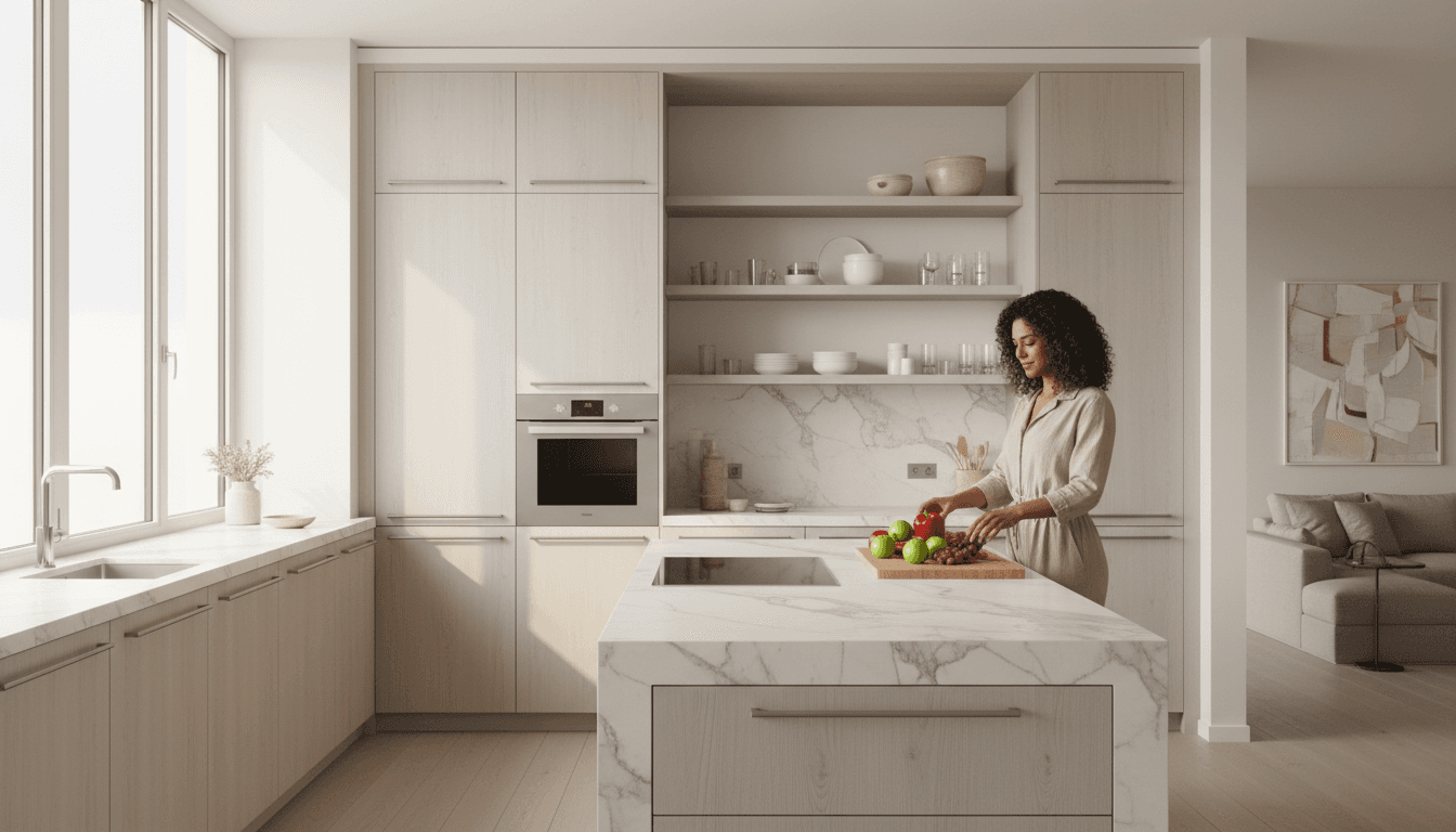 Modern Mediterranean kitchen interior with sleek wrapped cabinetry in warm natural light